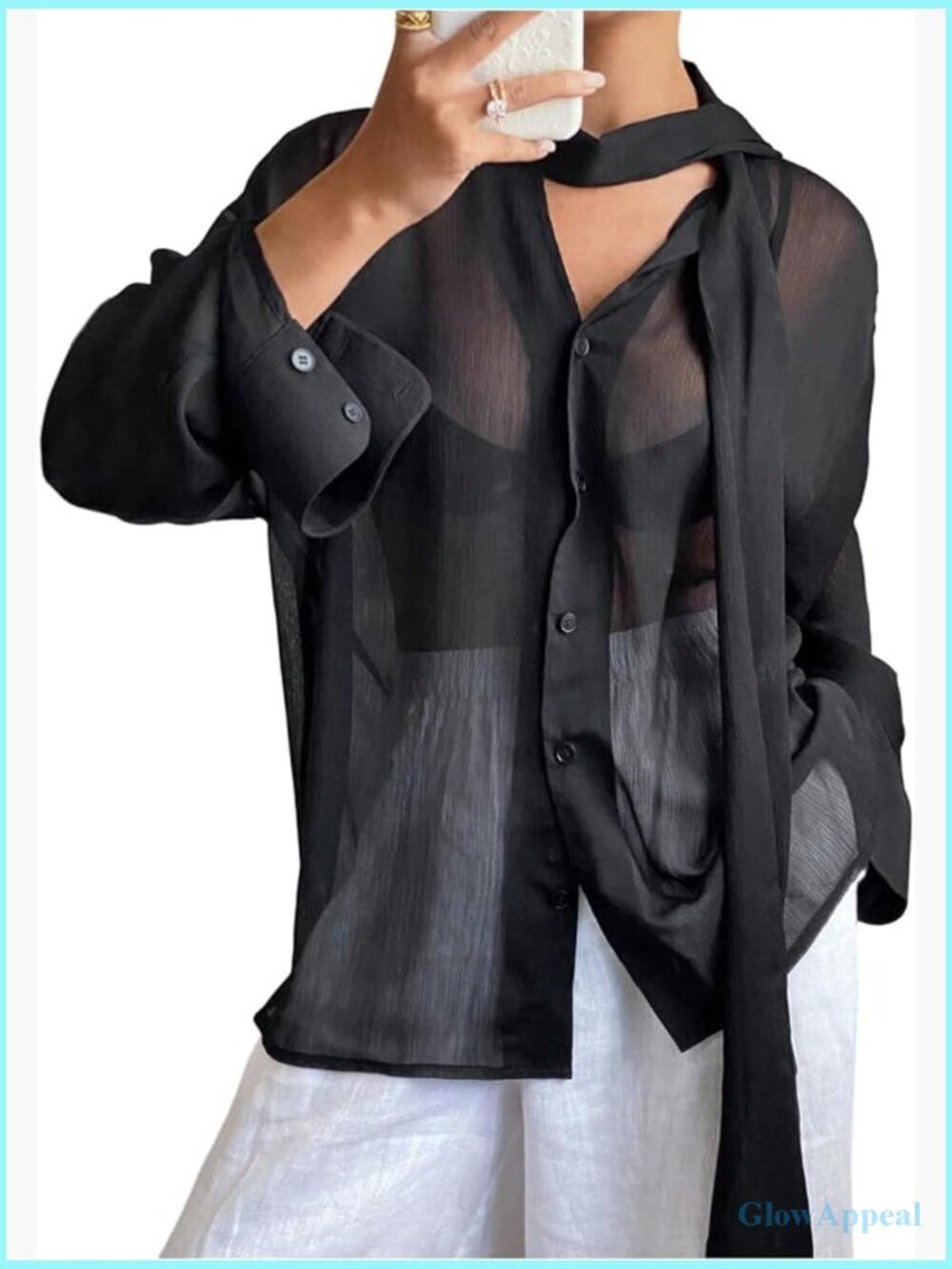 Mesh Sheer Button Up Blouse Knot Front Flowy Long Sleeve Top